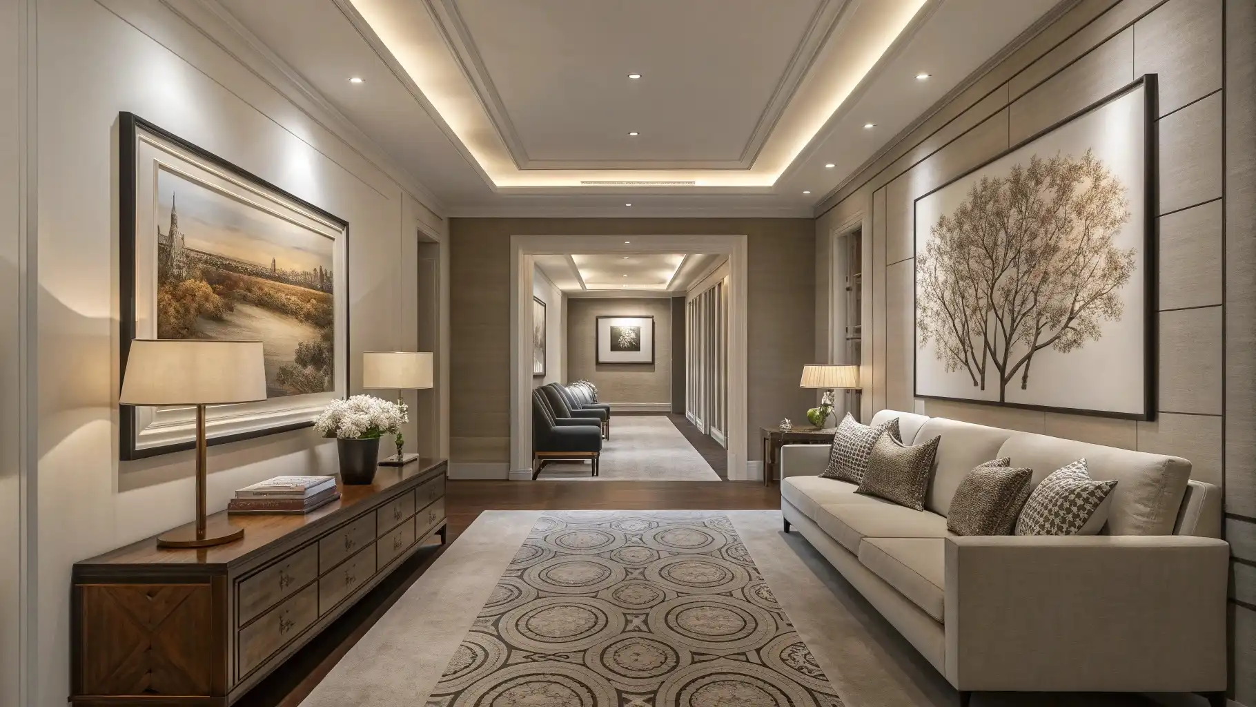 Multi-Room Enfilade with Coffered Ceiling Details