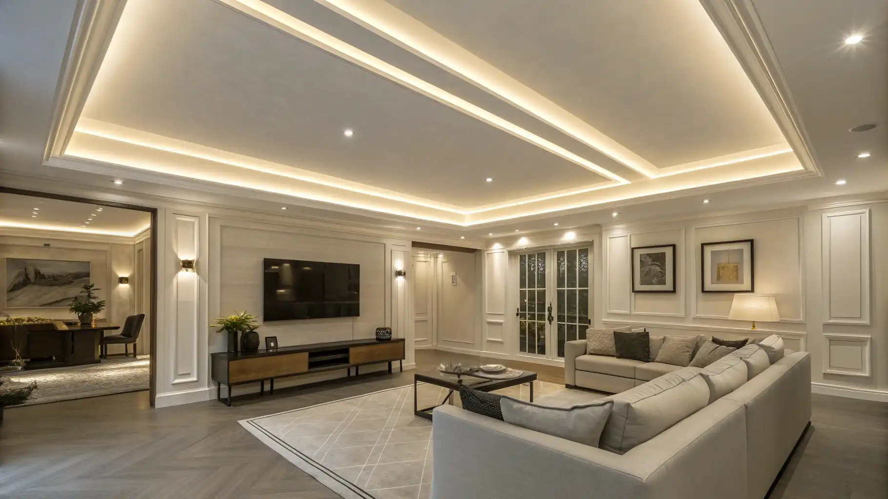 Multi-Tiered Coffered Ceiling with Hidden LED Systems