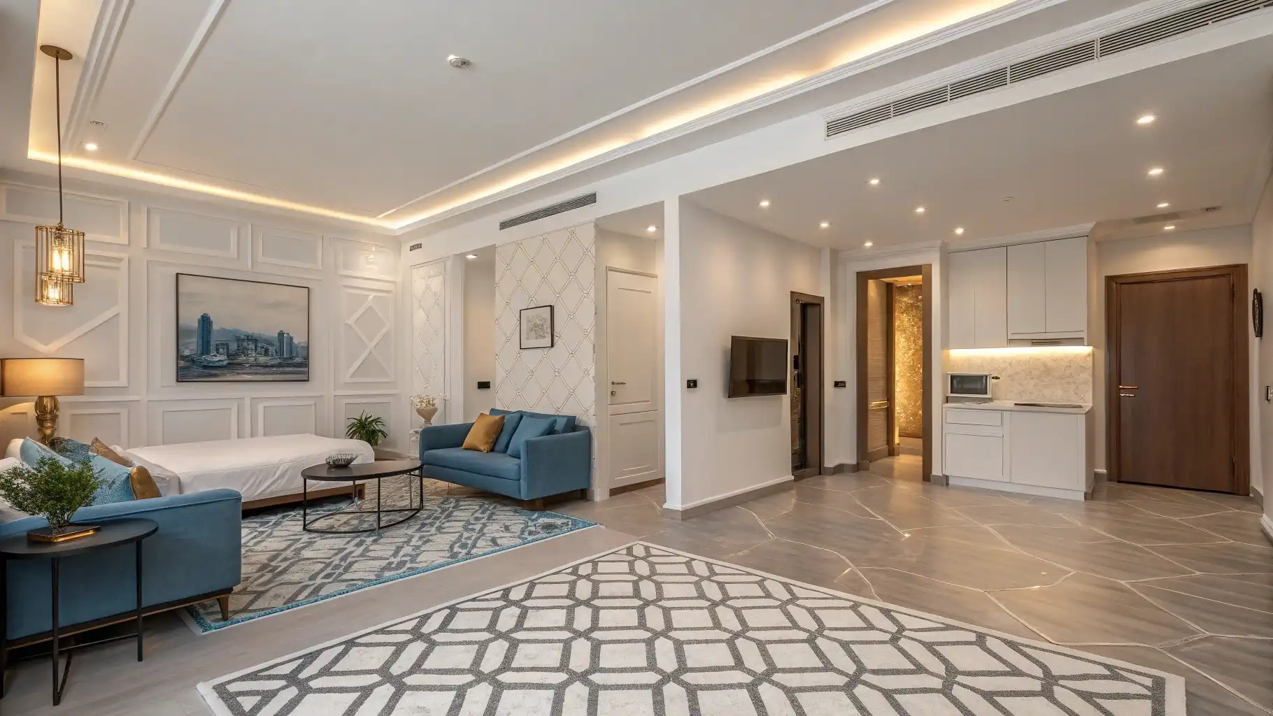 Multi-Zone Studio Layout with Geometric Wall Accents