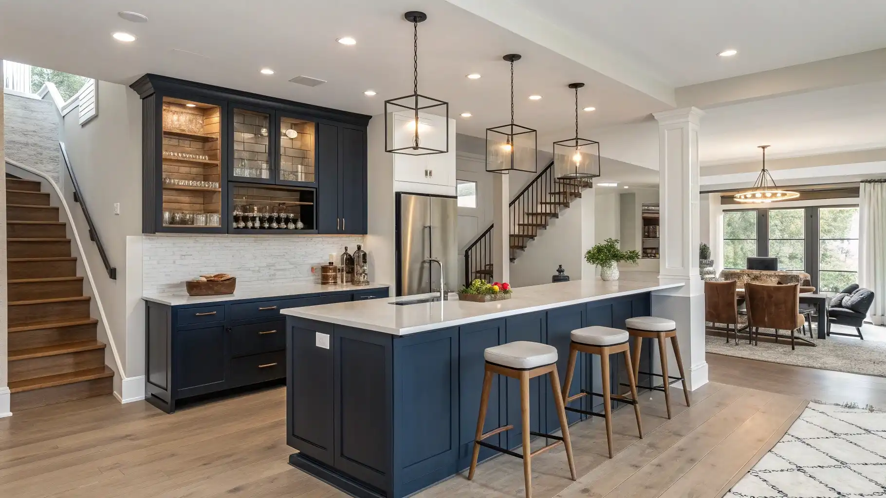 Open Concept Navy Peninsula with Bar Seating