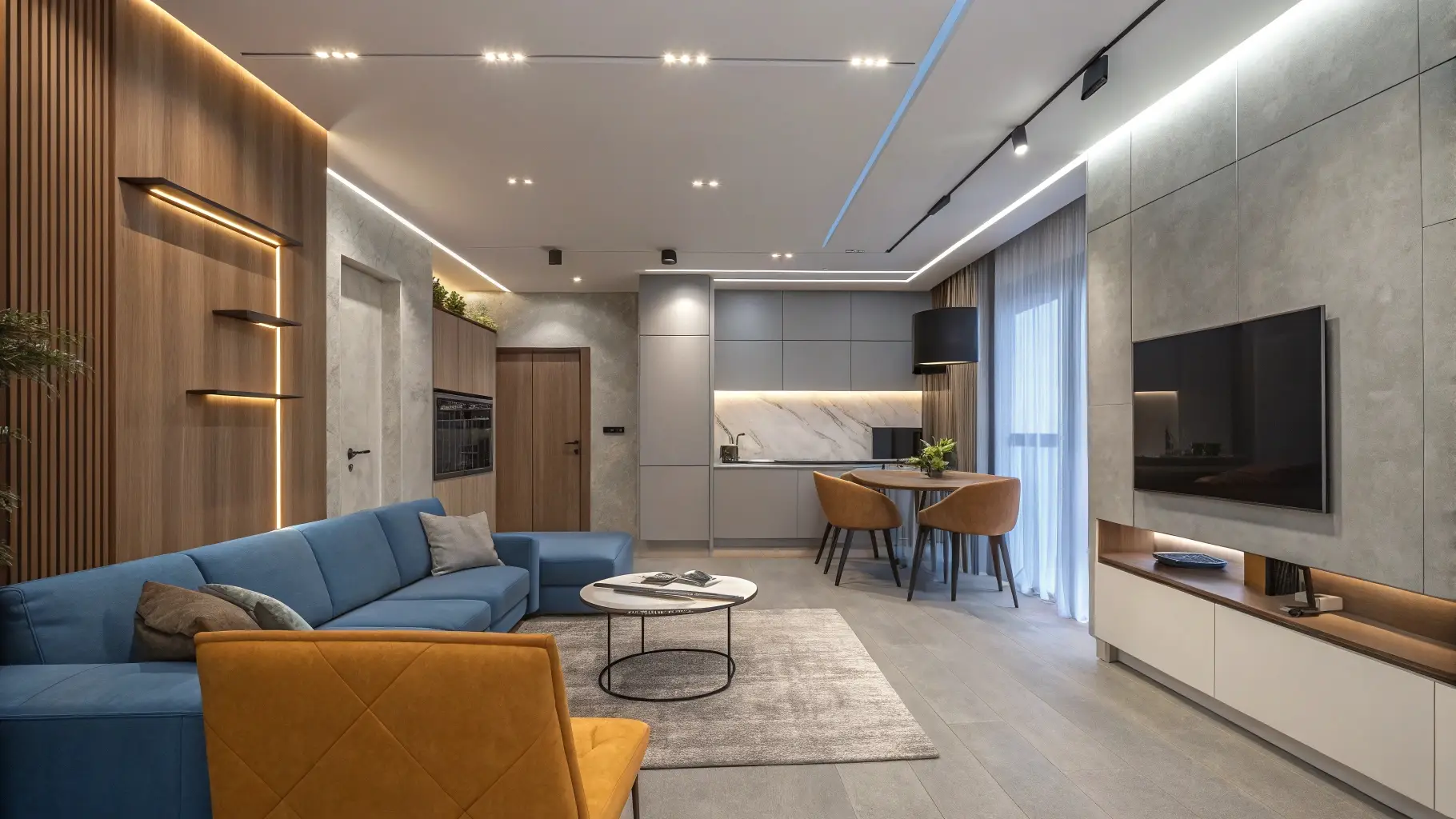 Open-Concept Zones with Vertical Wood Slat Accent Wall
