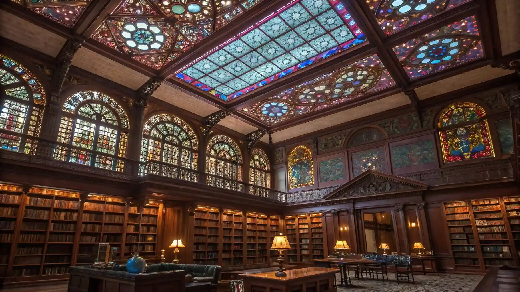 Ornate Multi-Panel Stained Glass Ceiling
