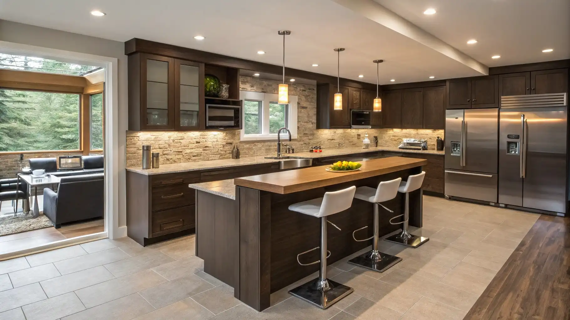 Rustic Contemporary Peninsula with Mixed Materials