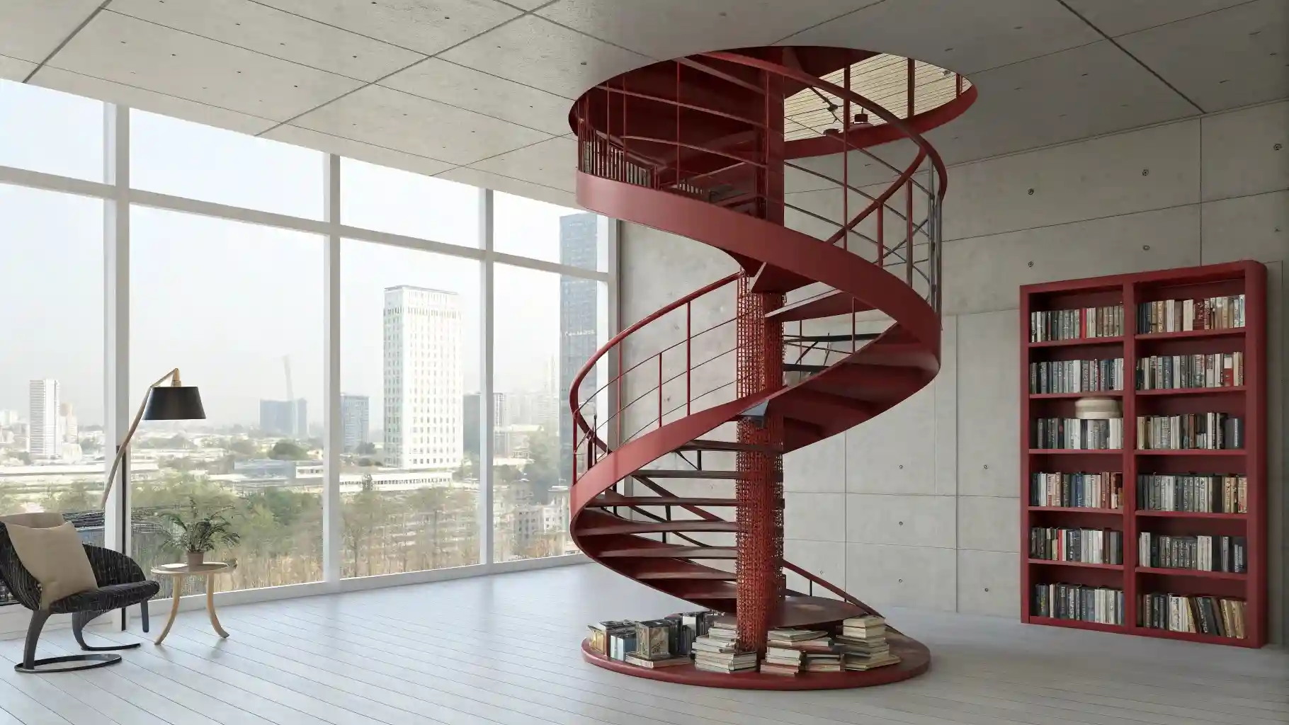 Sculptural Cherry Red Spiral Staircase
