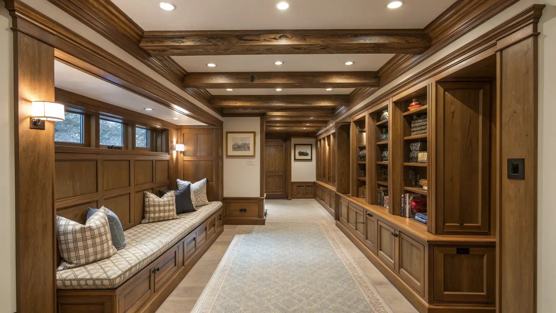 Traditional Library Hallway with Exposed Beam Ceiling