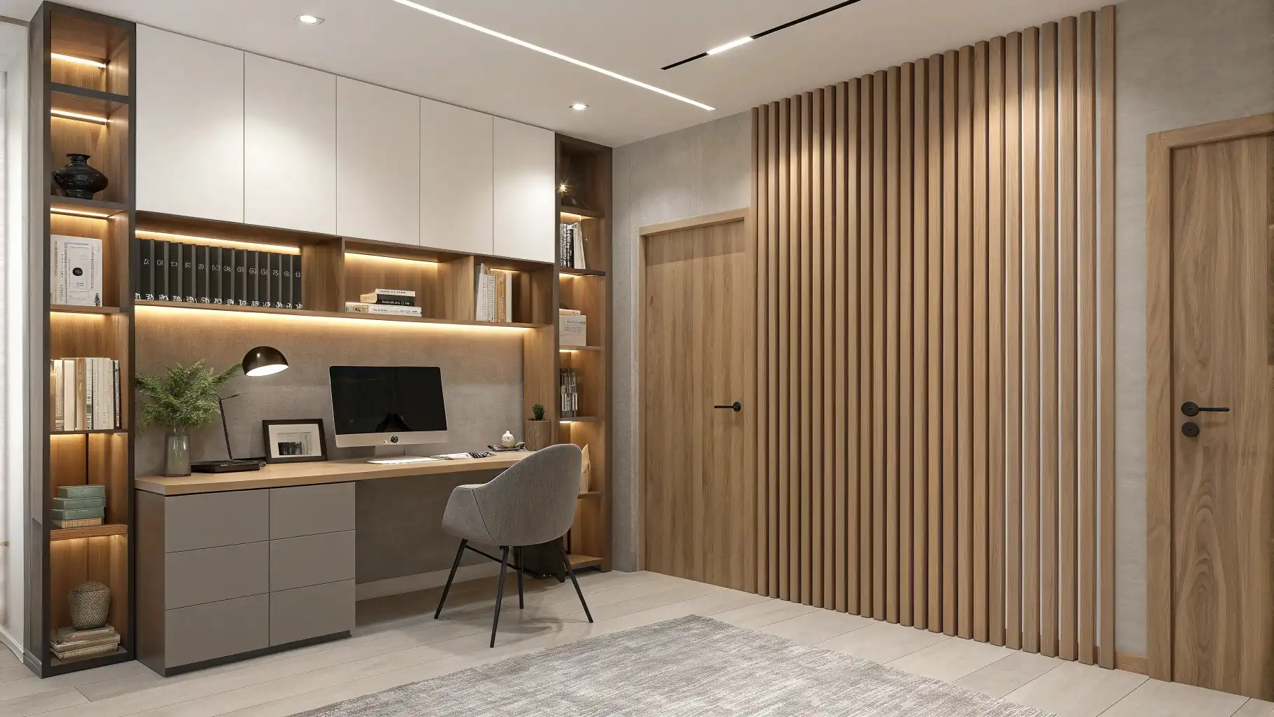Vertical Wood Slat Walls with Integrated Storage Systems