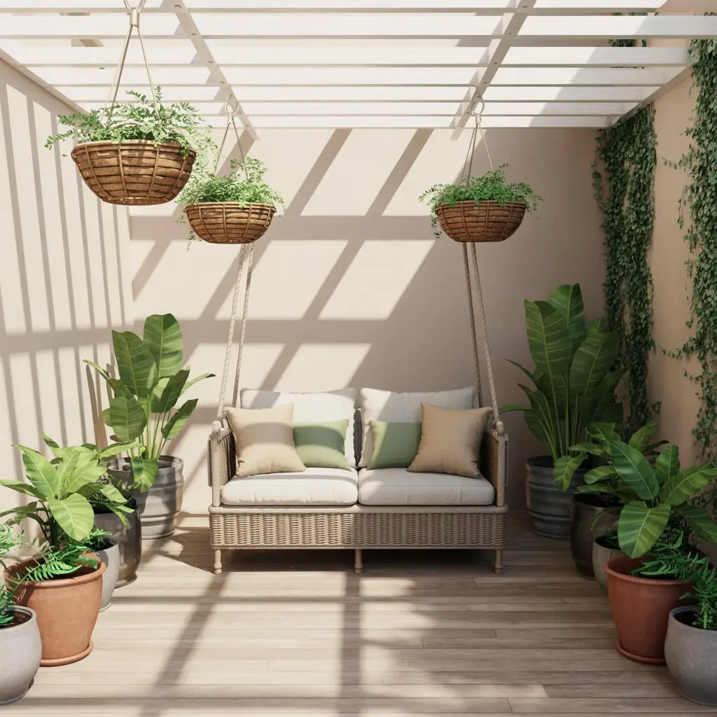 Woven Basket Hanging Planters on a Pergola